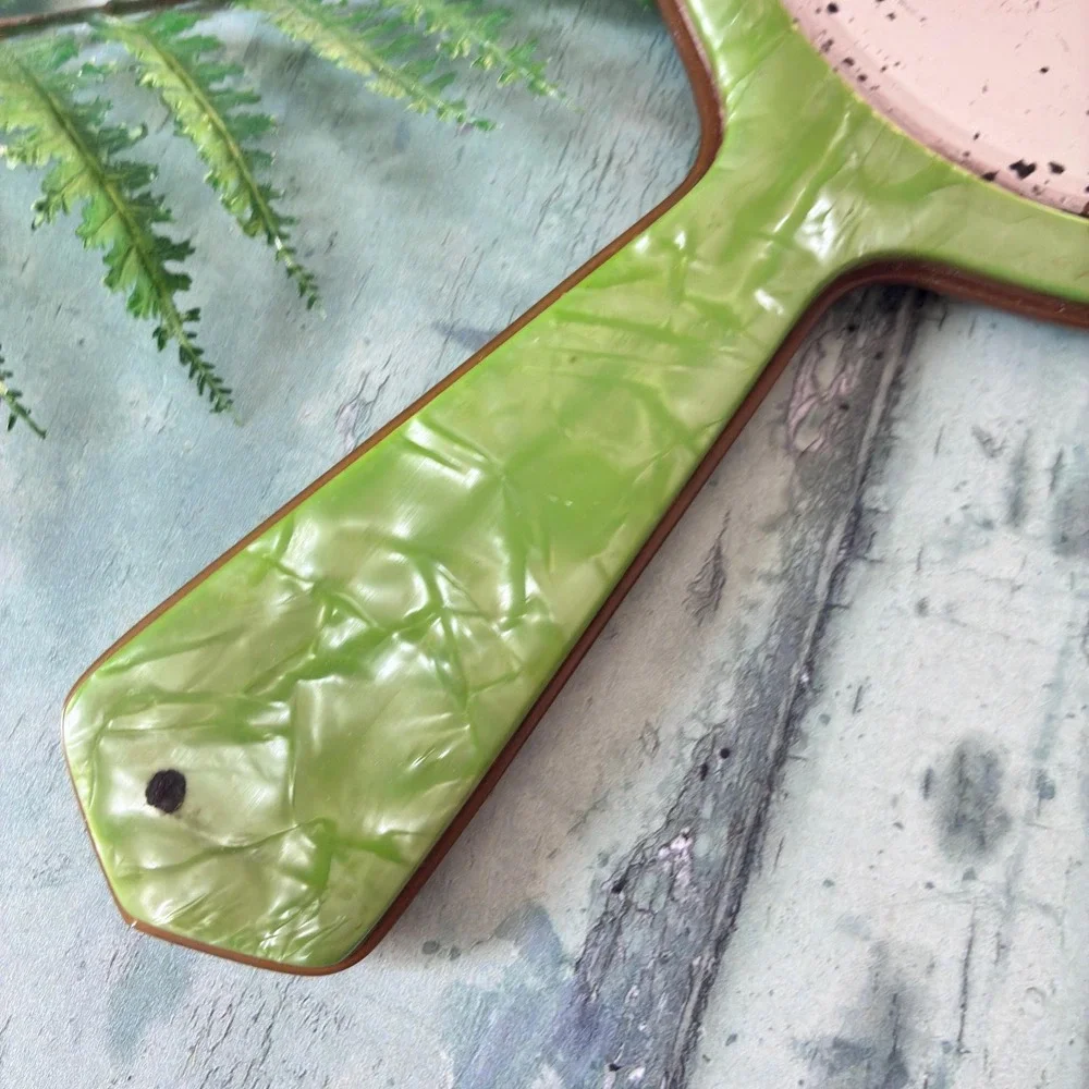 Vintage Heavy Jade Marbleized‎ Hand Mirror, Beveled Glass, 1940s Vanity Decor